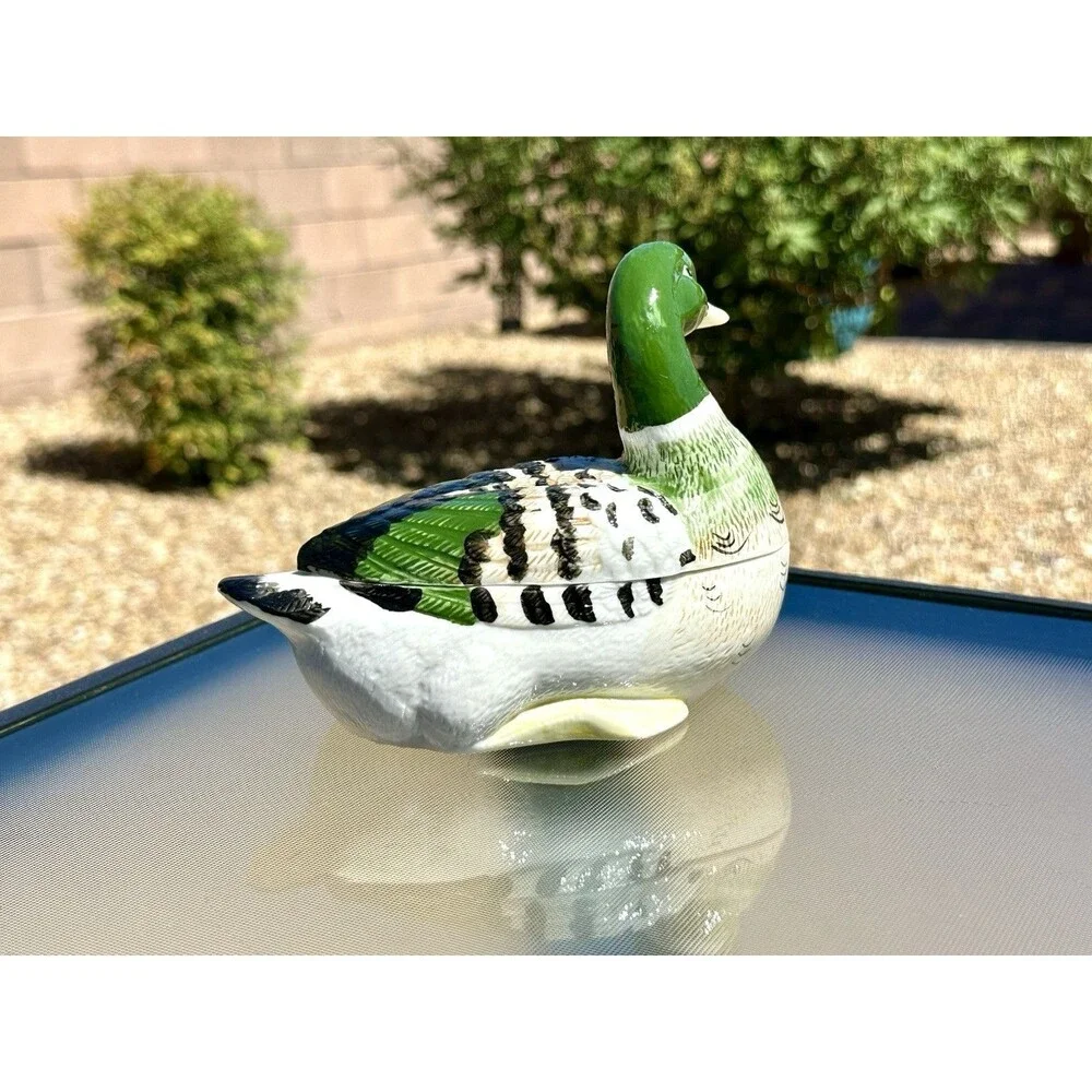 Vintage Porcelain Male Mallard Duck Figural Trinket Box/ Small Candy Dish  6” L